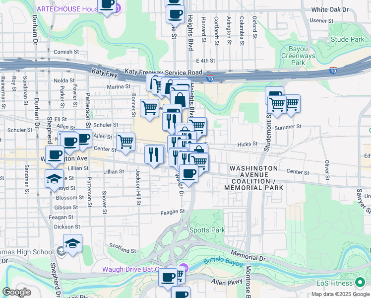 map of restaurants, bars, coffee shops, grocery stores, and more near 76 Yale Street in Houston