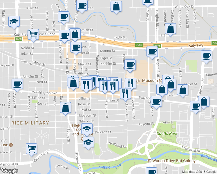 map of restaurants, bars, coffee shops, grocery stores, and more near 4312 Center Street in Houston