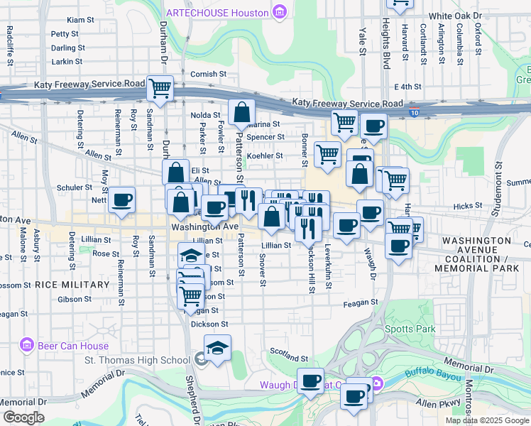 map of restaurants, bars, coffee shops, grocery stores, and more near 4322 Center Street in Houston