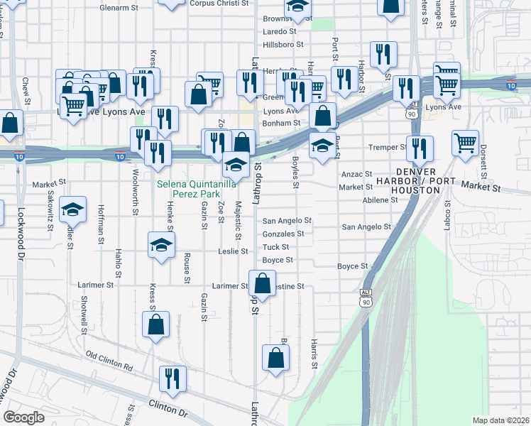 map of restaurants, bars, coffee shops, grocery stores, and more near 1007 Lathrop Street in Houston