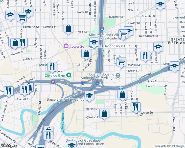map of restaurants, bars, coffee shops, grocery stores, and more near 2801 Clark Street in Houston