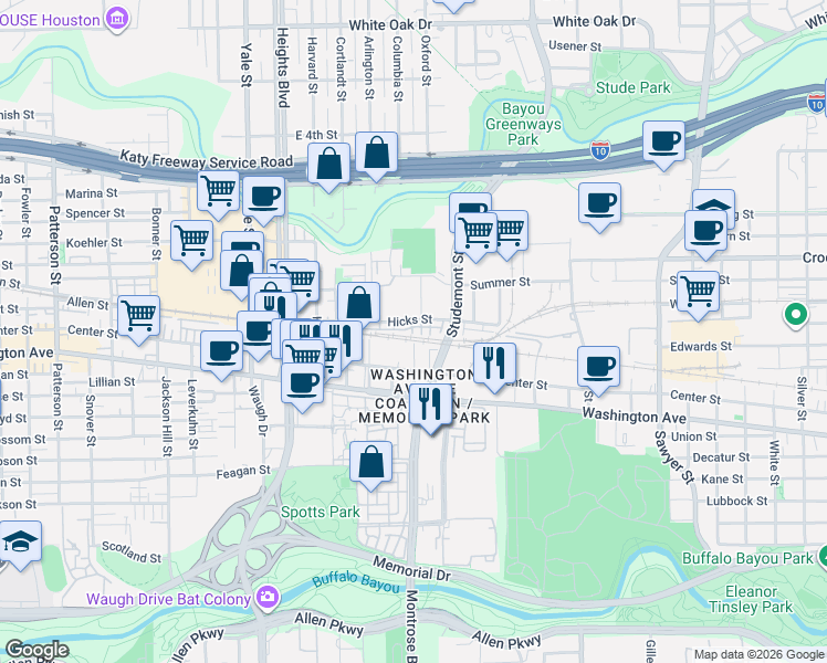 map of restaurants, bars, coffee shops, grocery stores, and more near 3200 Center Street in Houston