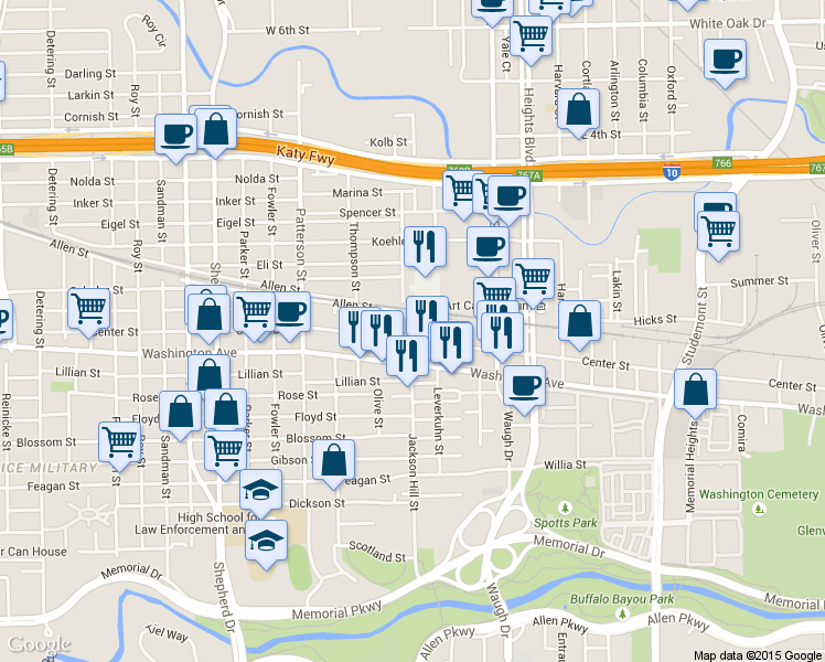 map of restaurants, bars, coffee shops, grocery stores, and more near 4000 Washington Avenue in Houston