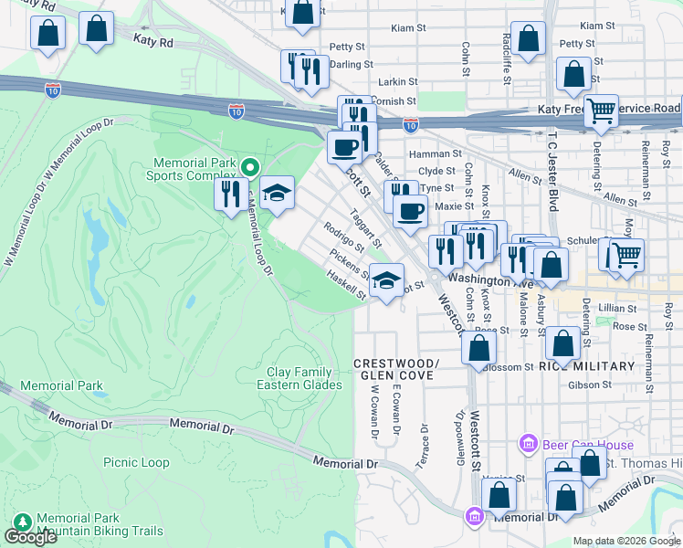 map of restaurants, bars, coffee shops, grocery stores, and more near 6502 Arnot Street in Houston