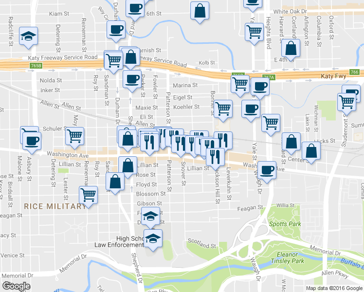 map of restaurants, bars, coffee shops, grocery stores, and more near 4331 Center Street in Houston