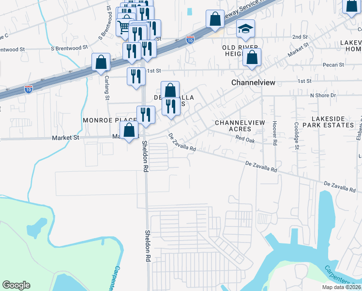 map of restaurants, bars, coffee shops, grocery stores, and more near 15328 Channelview Drive in Channelview