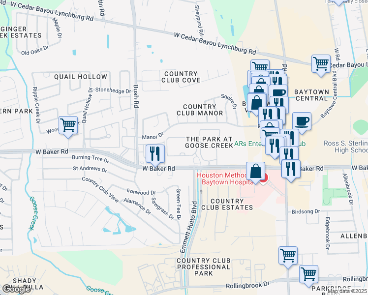 map of restaurants, bars, coffee shops, grocery stores, and more near 2008 West Baker Road in Baytown
