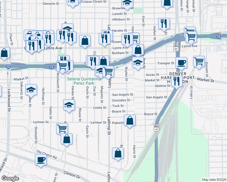 map of restaurants, bars, coffee shops, grocery stores, and more near 1007 Lathrop Street in Houston