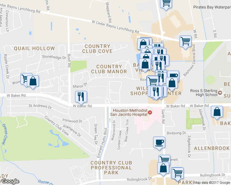 map of restaurants, bars, coffee shops, grocery stores, and more near 2100 West Baker Road in Baytown