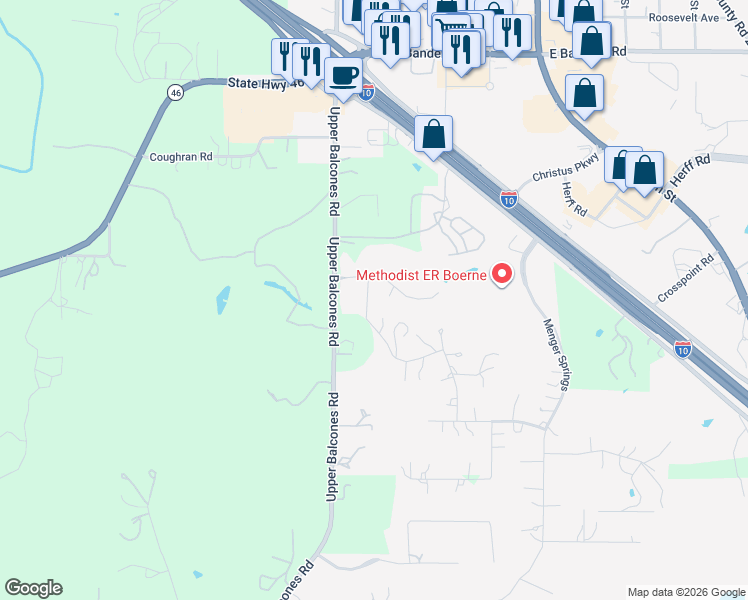 map of restaurants, bars, coffee shops, grocery stores, and more near 225 Knoll Springs in Boerne