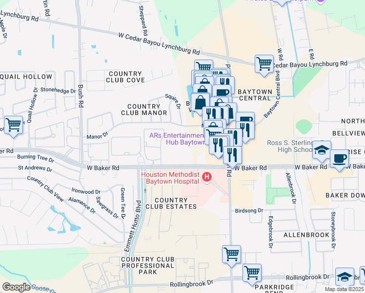 map of restaurants, bars, coffee shops, grocery stores, and more near 1626 West Baker Road in Baytown