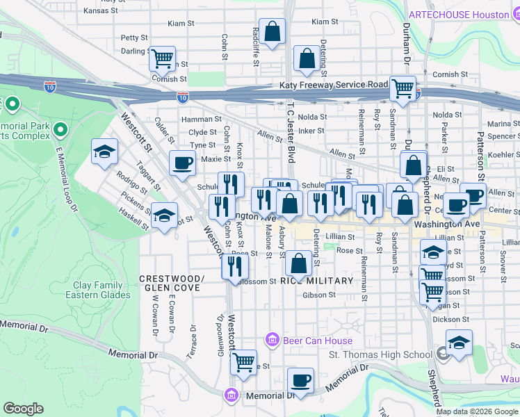 map of restaurants, bars, coffee shops, grocery stores, and more near 1215 Malone Street in Houston