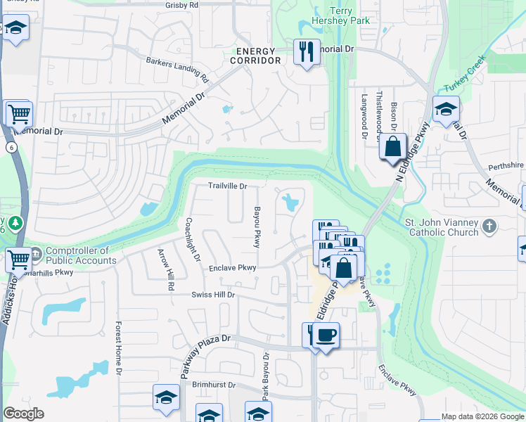 map of restaurants, bars, coffee shops, grocery stores, and more near 902 Peachwood Bend in Houston