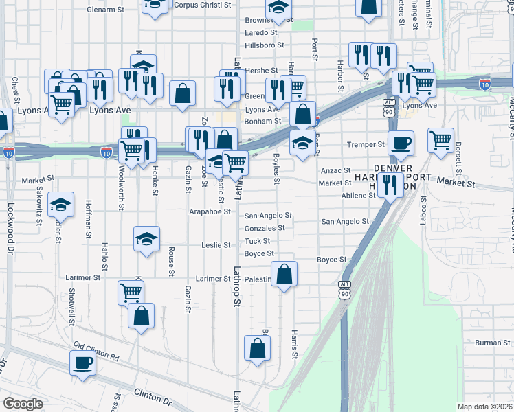 map of restaurants, bars, coffee shops, grocery stores, and more near 7016 Abilene Street in Houston