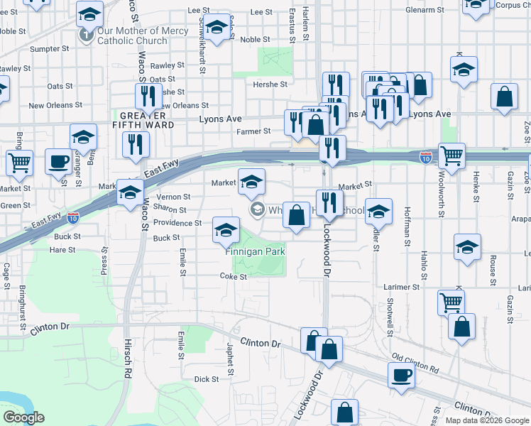 map of restaurants, bars, coffee shops, grocery stores, and more near 5203 San Juan Street in Houston
