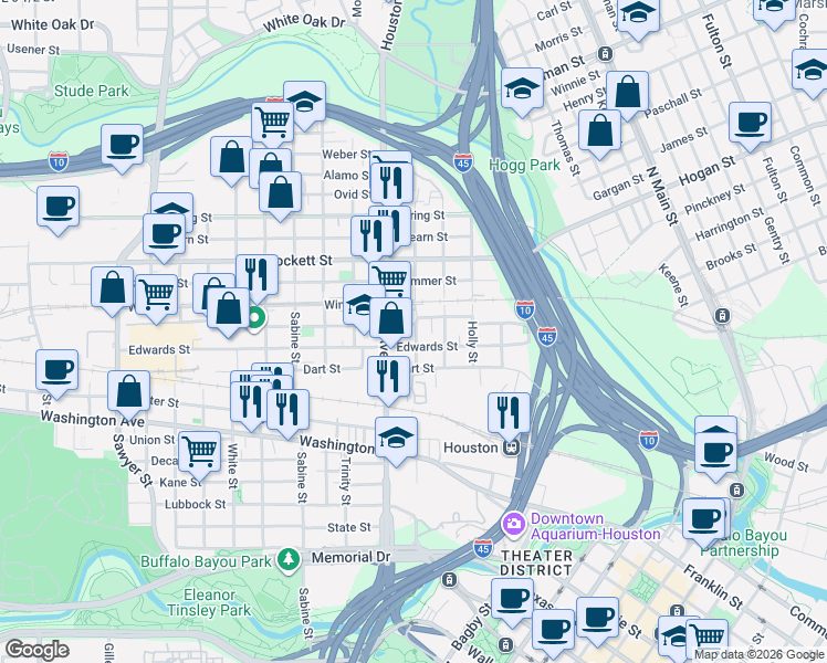 map of restaurants, bars, coffee shops, grocery stores, and more near 1507 Hickory Street in Houston