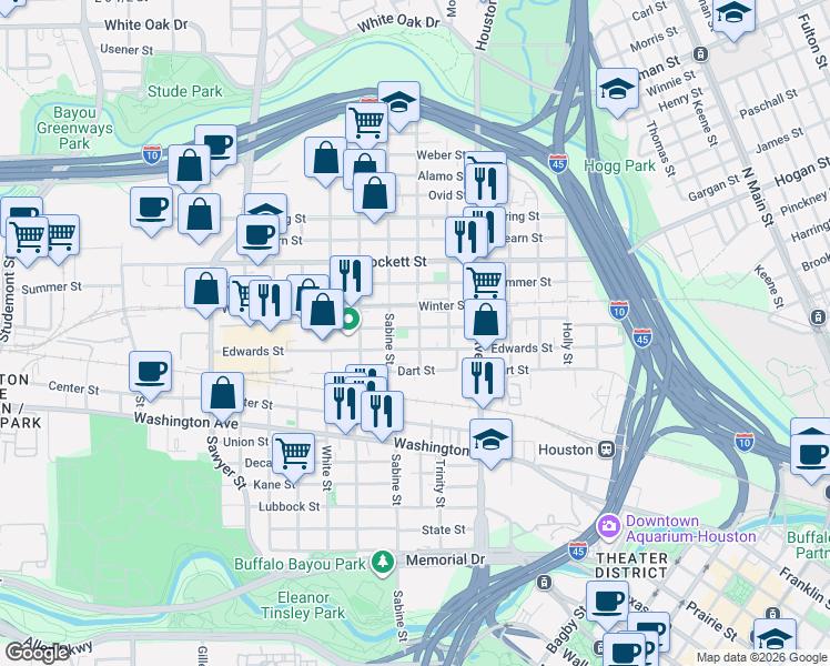 map of restaurants, bars, coffee shops, grocery stores, and more near 1514 Colorado Street in Houston