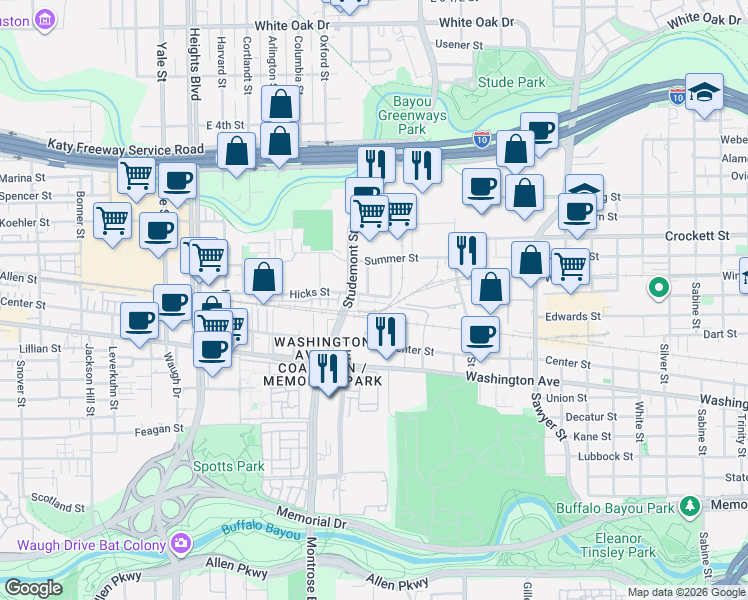 map of restaurants, bars, coffee shops, grocery stores, and more near 2830 Hicks Street in Houston