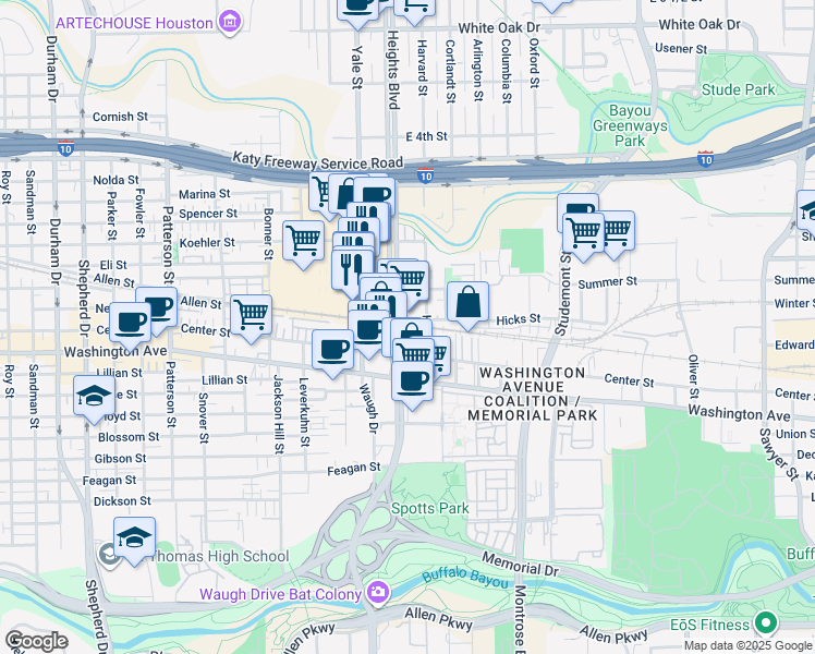 map of restaurants, bars, coffee shops, grocery stores, and more near 140 Heights Boulevard in Houston