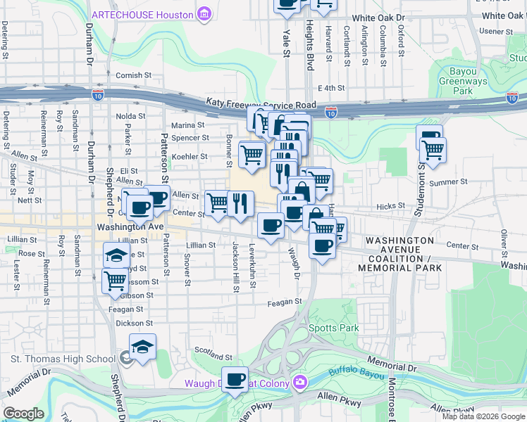 map of restaurants, bars, coffee shops, grocery stores, and more near 3804 Center Plaza Drive in Houston