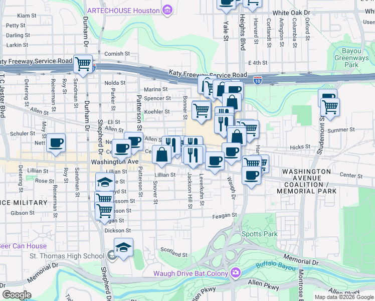 map of restaurants, bars, coffee shops, grocery stores, and more near 1156 Bonner Street in Houston