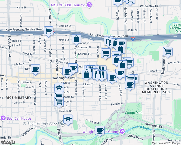 map of restaurants, bars, coffee shops, grocery stores, and more near 4115 Allen Street in Houston