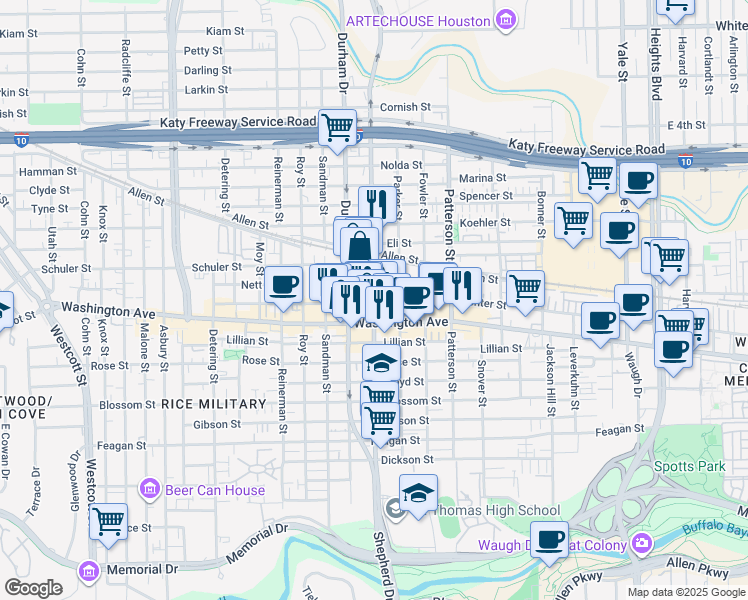 map of restaurants, bars, coffee shops, grocery stores, and more near 4712 Nett Street in Houston