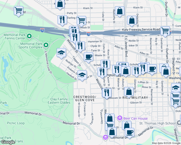 map of restaurants, bars, coffee shops, grocery stores, and more near 6161 Washington Avenue in Houston
