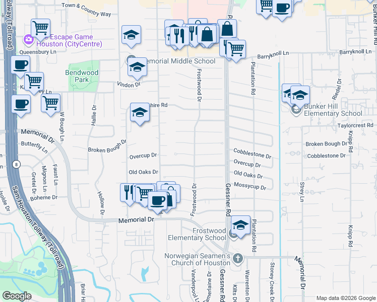 map of restaurants, bars, coffee shops, grocery stores, and more near 12334 Cobblestone Drive in Houston