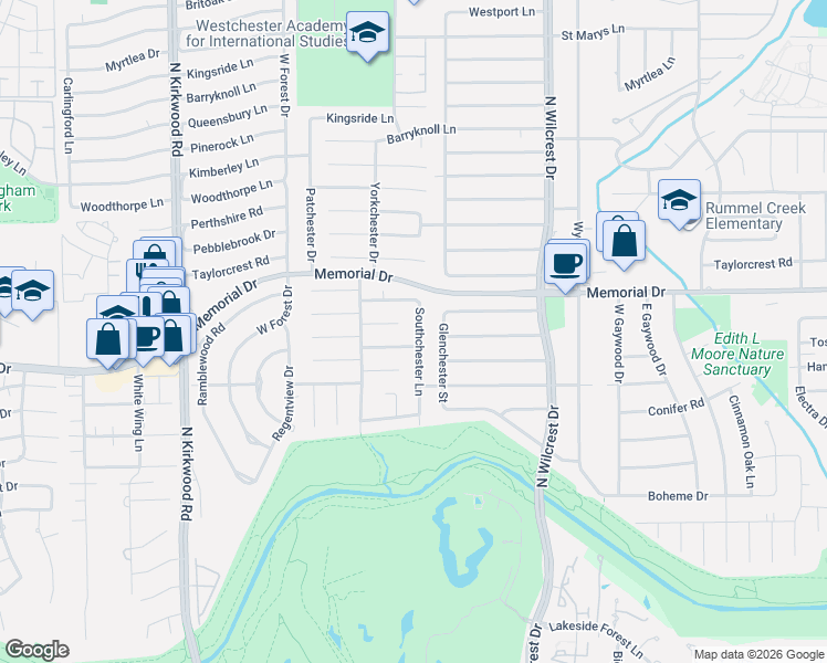 map of restaurants, bars, coffee shops, grocery stores, and more near 13615 Butterfly Lane in Houston