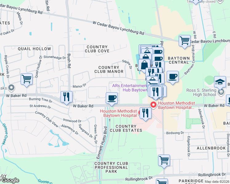 map of restaurants, bars, coffee shops, grocery stores, and more near 2100 West Baker Road in Baytown