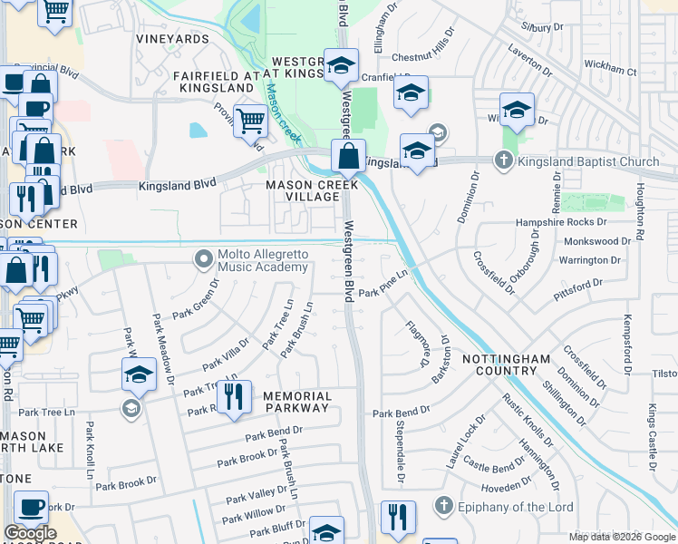 map of restaurants, bars, coffee shops, grocery stores, and more near 20906 Westgreen Court in Katy