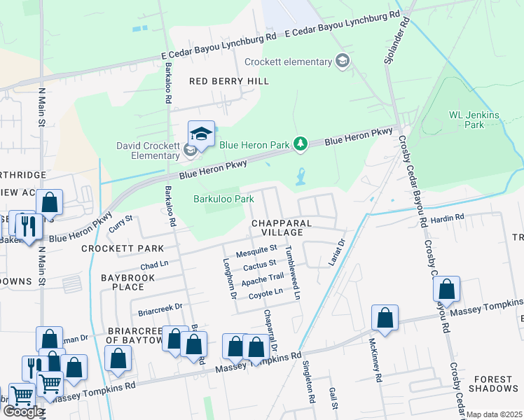 map of restaurants, bars, coffee shops, grocery stores, and more near 4602 Buffalo Trail in Baytown