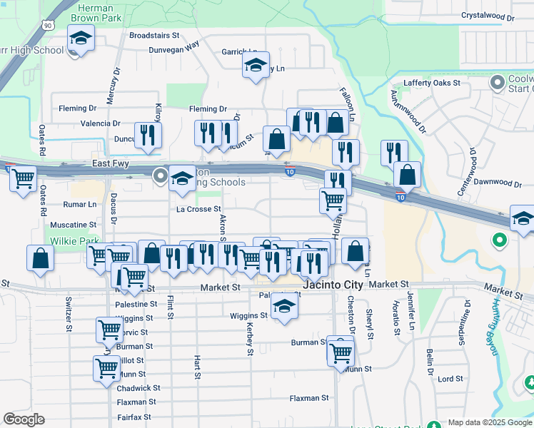 map of restaurants, bars, coffee shops, grocery stores, and more near 10814 Verano Street in Houston