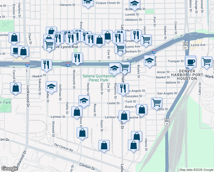map of restaurants, bars, coffee shops, grocery stores, and more near 923 Gazin Street in Houston