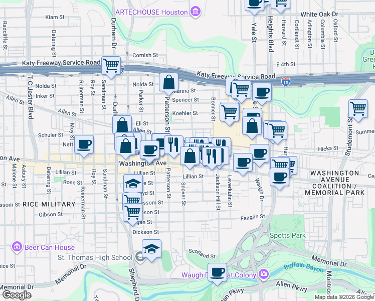 map of restaurants, bars, coffee shops, grocery stores, and more near 4311 Allen Street in Houston