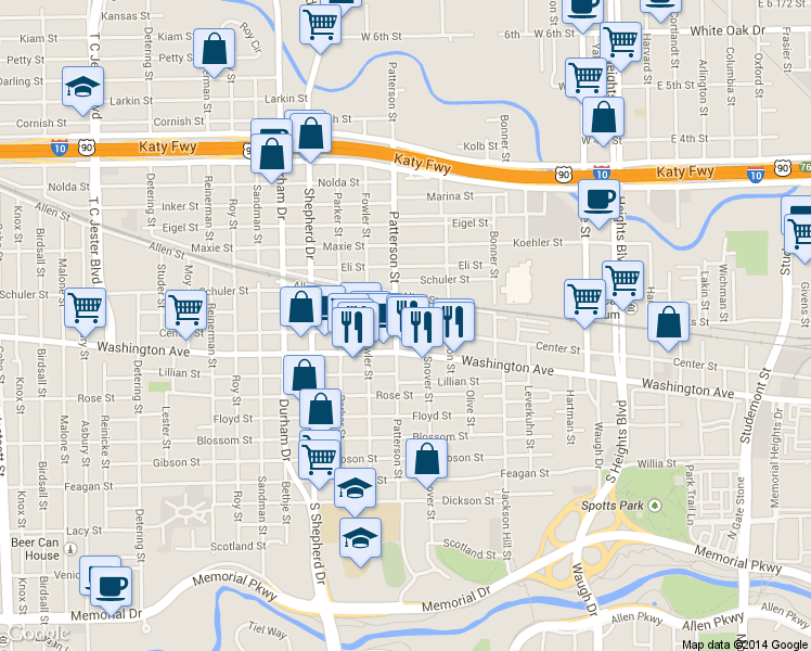 map of restaurants, bars, coffee shops, grocery stores, and more near 1166 Patterson Street in Houston