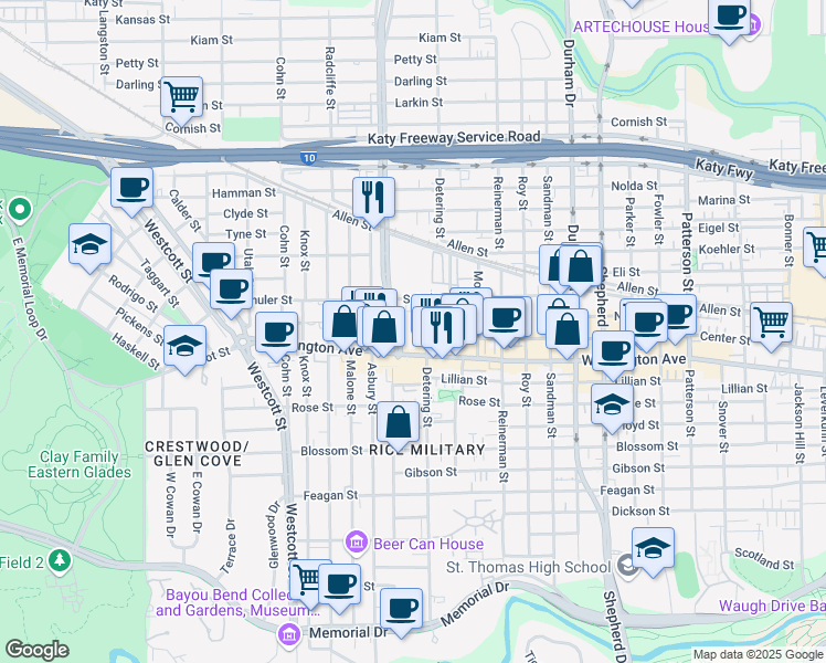 map of restaurants, bars, coffee shops, grocery stores, and more near 1203 Detering Street in Houston