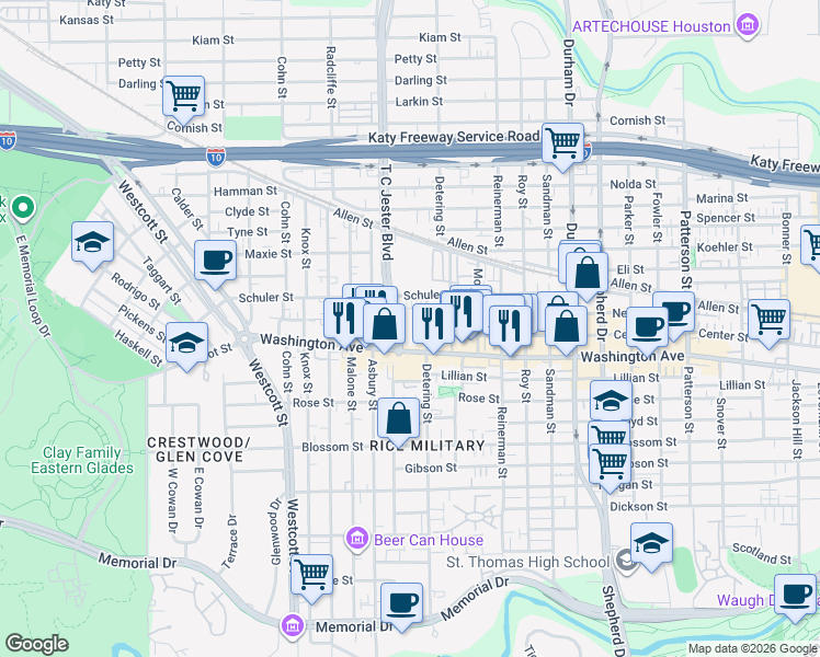 map of restaurants, bars, coffee shops, grocery stores, and more near 5454 Washington Avenue in Houston