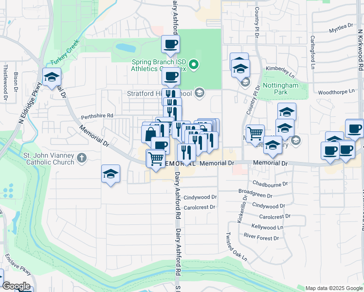 map of restaurants, bars, coffee shops, grocery stores, and more near 738 North Dairy Ashford Road in Houston