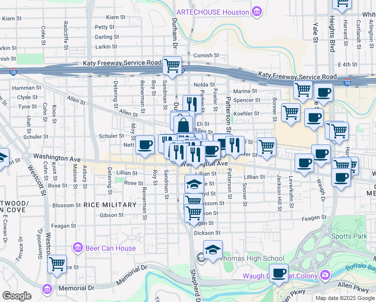map of restaurants, bars, coffee shops, grocery stores, and more near 1111 Shepherd Drive in Houston