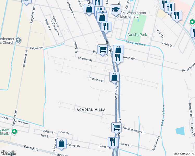 map of restaurants, bars, coffee shops, grocery stores, and more near 201-299 Louisiana Drive in Thibodaux