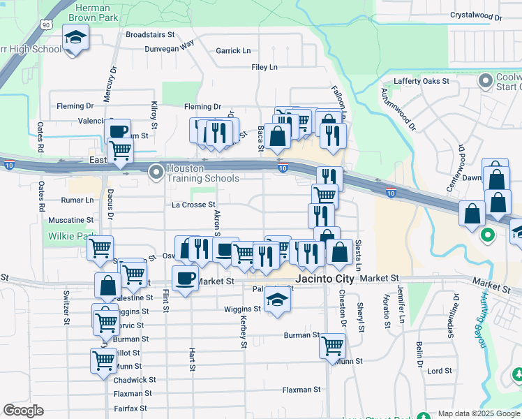 map of restaurants, bars, coffee shops, grocery stores, and more near 10814 Verano Street in Houston