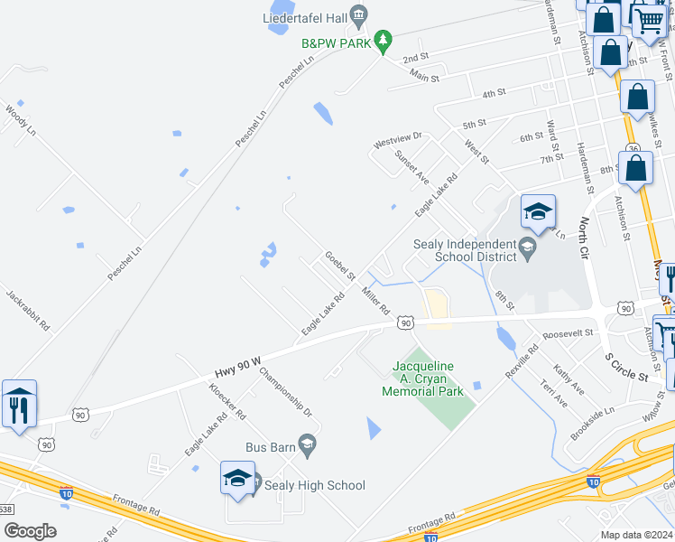 map of restaurants, bars, coffee shops, grocery stores, and more near 1009 Gunnison Street in Sealy