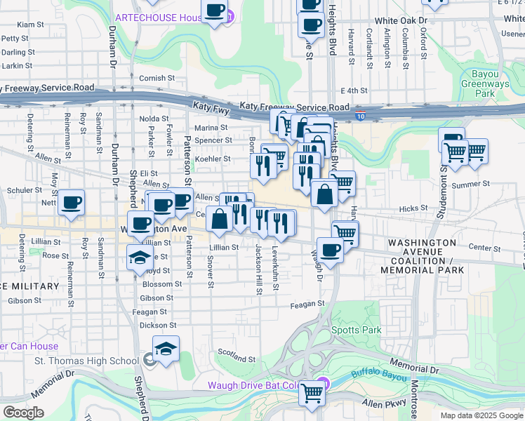 map of restaurants, bars, coffee shops, grocery stores, and more near 1134 Bonner Street in Houston