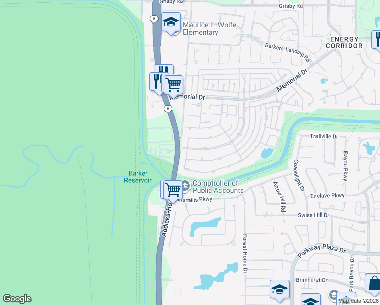 map of restaurants, bars, coffee shops, grocery stores, and more near 1118 Crossroads Drive in Houston