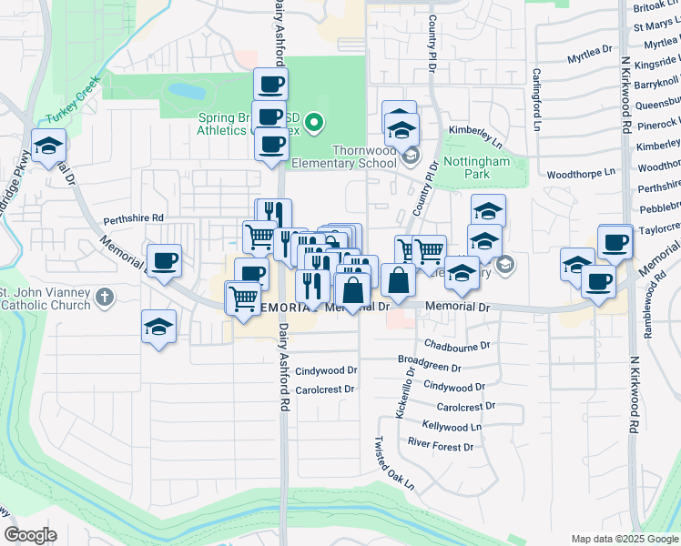 map of restaurants, bars, coffee shops, grocery stores, and more near 14520 Memorial Drive in Houston