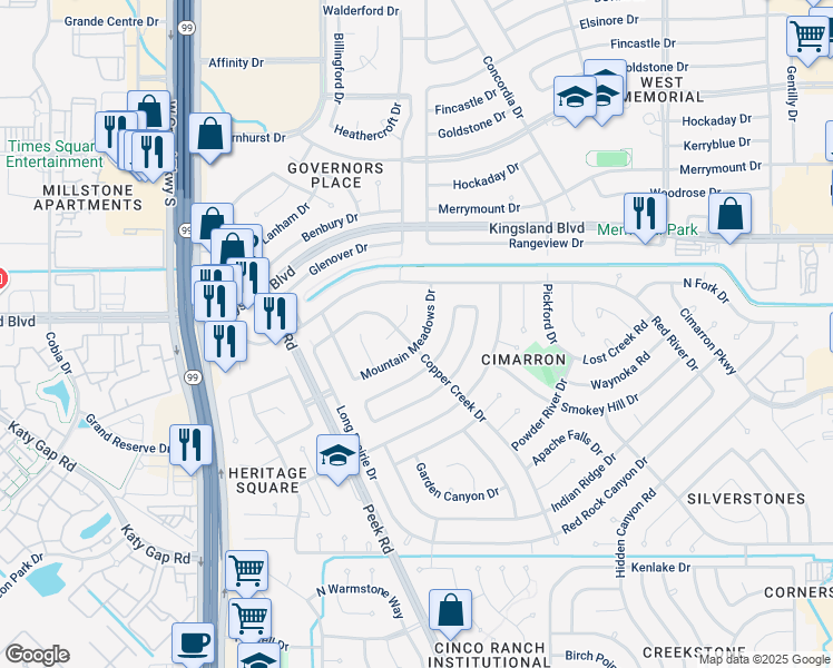 map of restaurants, bars, coffee shops, grocery stores, and more near 22922 Copper Creek Lane in Katy