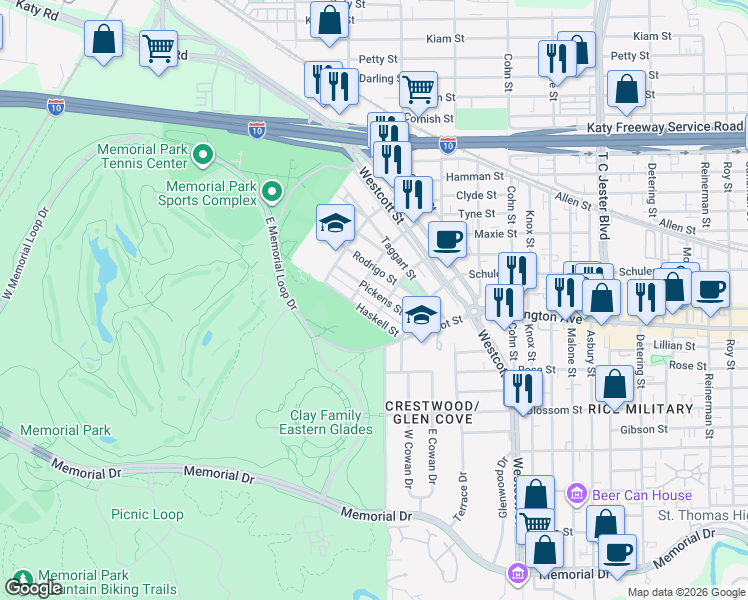 map of restaurants, bars, coffee shops, grocery stores, and more near 6501 Pickens Street in Houston