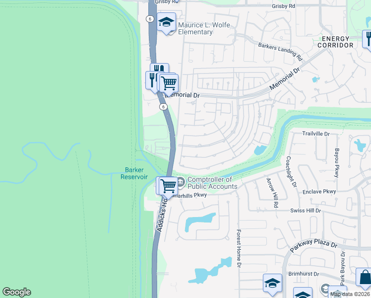 map of restaurants, bars, coffee shops, grocery stores, and more near 1118 Crossroads Drive in Houston
